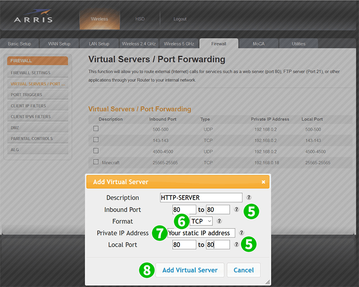 Enable port forwarding for the Arris TG2472 - cFos Software