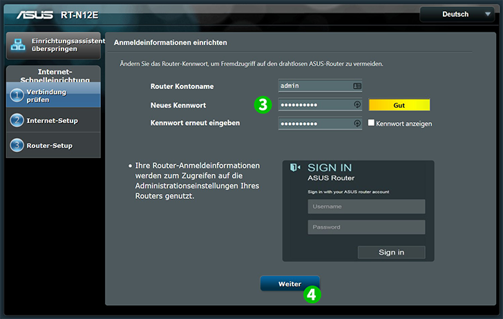Router-Setup ASUS RT-N12E, Schritte 3-4 Router-Setup ASUS RT-N12E, Schritte 3-4