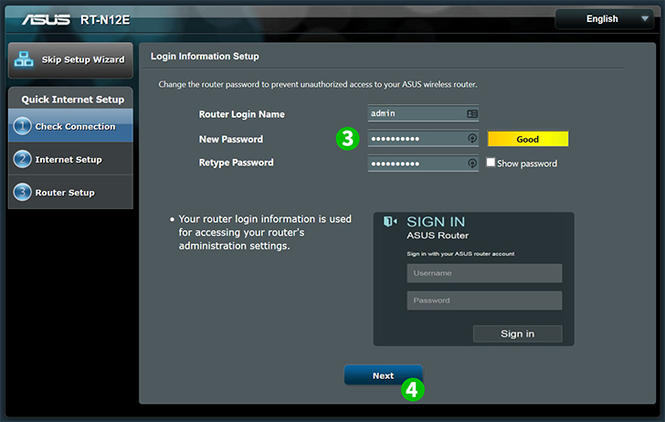 Router setup ASUS RT-N12E, Steps 3-4