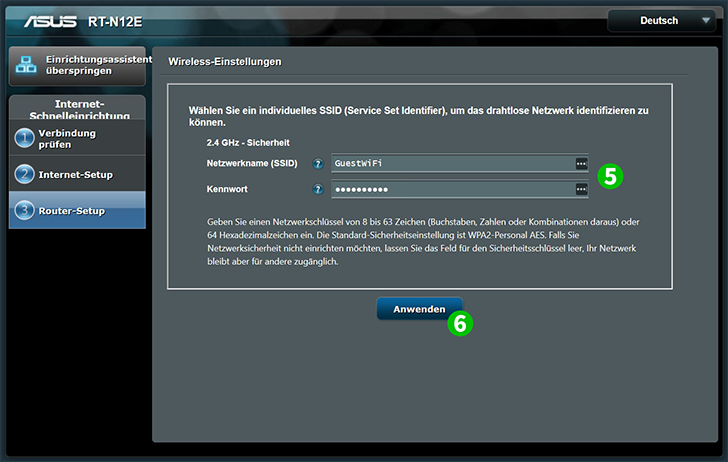 Router-Setup ASUS RT-N12E, Schritte 5-6 Router-Setup ASUS RT-N12E, Schritte 5-6