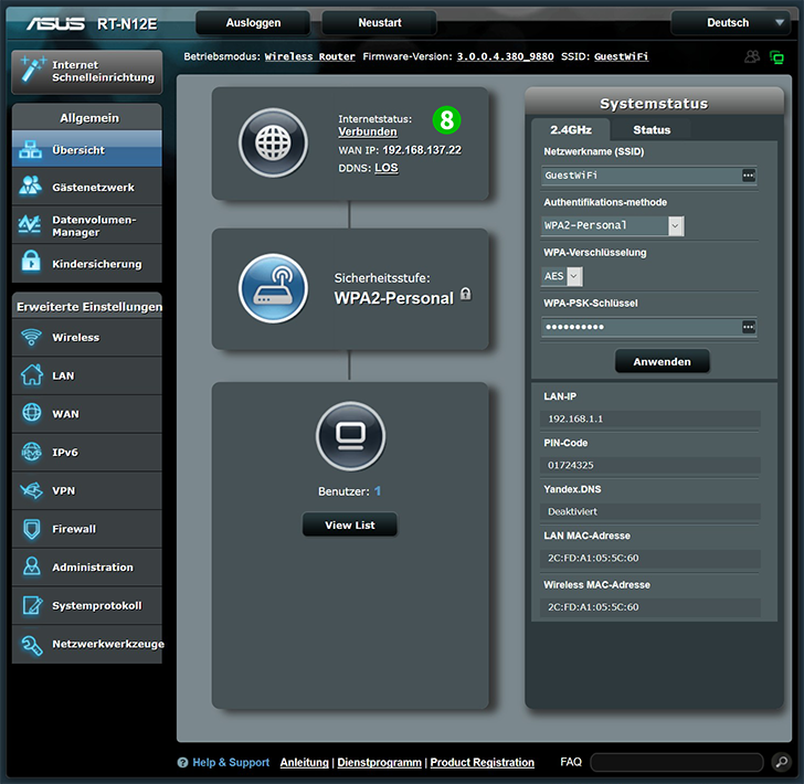 Router-Setup ASUS RT-N12E, Schritt 8 Router-Setup ASUS RT-N12E, Schritt 8