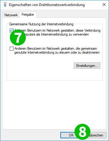 Internetverbindung freigeben, Schritte 7-8 Internetverbindung freigeben, Schritte 7-8