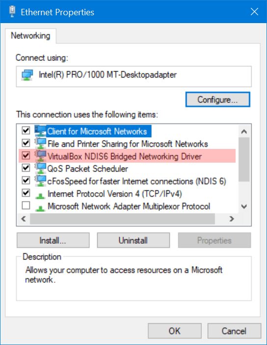 Screenshot van adapteropties
